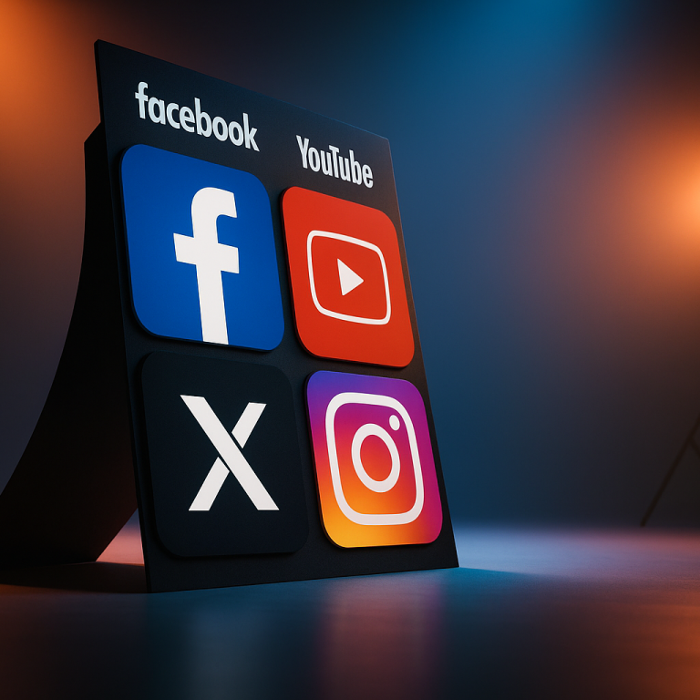 Logos of Facebook, YouTube, X, and Instagram displayed on a stand.