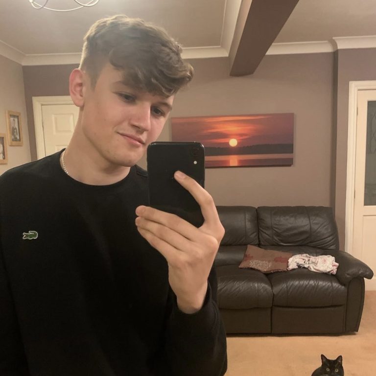 Young man in a black sweater taking a selfie in a living room with a sunset painting.